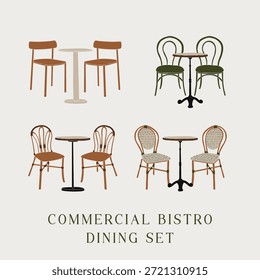 isolado comercial bistrô jantar conjunto de móveis em linha plana mínima coleção de elementos de estilo de arte. Cadeiras de café e restaurante clássicos e ilustração de mesa redonda com contornos limpos desenhados à mão. Assentos de madeira de bistrô e rotim europeus antigos. Para design gráfico, menu e interior