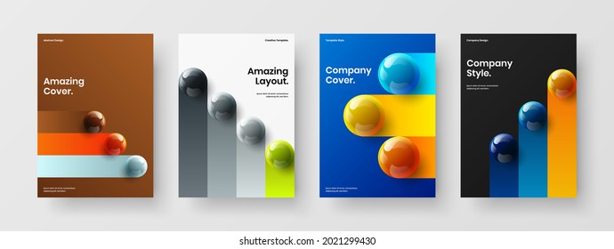 Isolated company brochure A4 design vector illustration bundle. Multicolored realistic balls booklet template set.