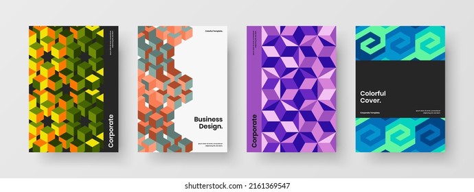 Isolated company brochure design vector layout bundle. Minimalistic geometric tiles corporate identity concept composition.