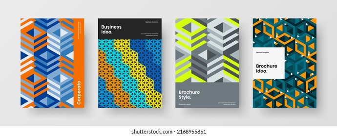 Isolated company cover A4 vector design layout set. Multicolored geometric hexagons flyer concept bundle.