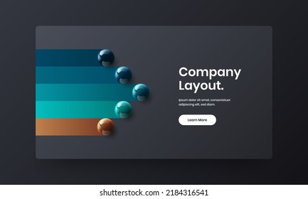 Isolated company cover vector design layout. Bright realistic spheres landing page illustration.