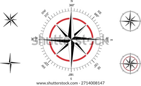 An isolated compass symbol with an arrow pointing north on a black or white background for navigation and travel illustration.