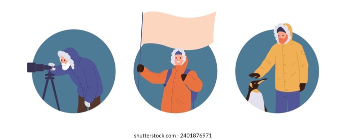 Isolated composition avatar with happy polar explorer cartoon characters engaged in scientific work