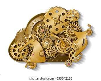 Isolated composition of clockwork type mechanical engine with golden gears of different size on blank background vector illustration