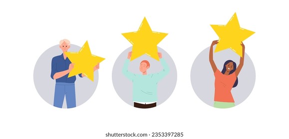 Isolated composition of happy satisfied client, customer or user people character hold rating star