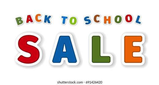 Isolated composition inscription back to school sale from cartoon sticker letters of different colors with shadows on a white background. Vector illustration