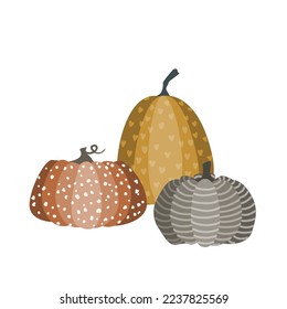 Isolated composition with three pumpkin with doodle ornament. Flat vector illustration. Halloween or Thanksgiving day symbol