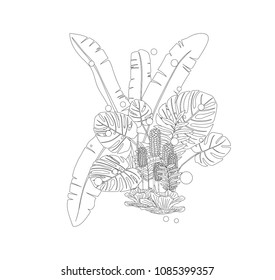 Isolated composition of tropical plants in black line and white background. Vector illustration.