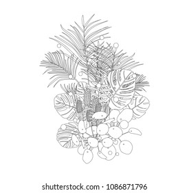 Isolated composition of tropical plants in black line and white background. Vector illustration.