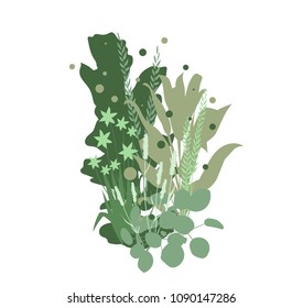 Isolated composition of tropical plants in solid green and white background. Vector illustration.