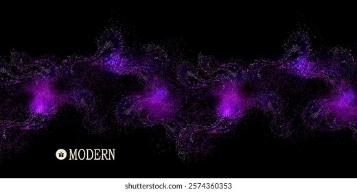Isolated composition of violet blue color, wavy glitter on black background.