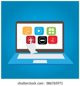 Isolated computer with different app icons on a blue background