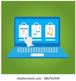 Isolated computer with different shopping bags and icons on a green background