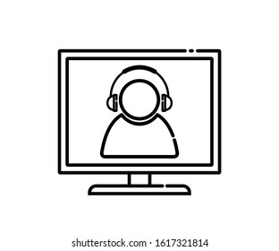 isolated computer icon listening icon to music. User icon hears music with headphones