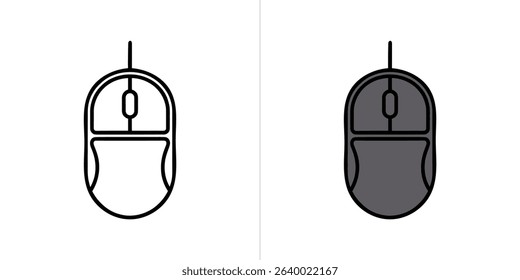 Isolated computer mouse icon featuring two versions a black outlined white fill mouse and a gray filled mouse, both on a clean white backdrop for easy integration.