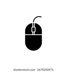 Isolated computer mouse icon with a wired connection. Device features a minimalist flat style, perfect for technology illustrations.