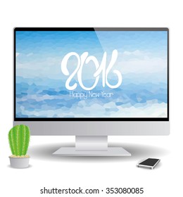 Isolated computer screen with a background with text for new year celebrations