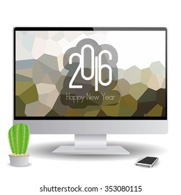 Isolated computer screen with a background with text for new year celebrations