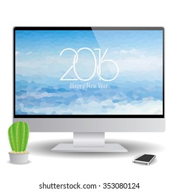 Isolated computer screen with a background with text for new year celebrations