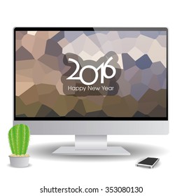 Isolated computer screen with a background with text for new year celebrations