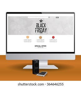 Isolated computer screen with a black friday web template