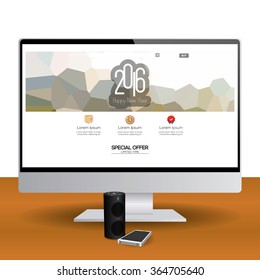 Isolated computer screen with a new year web template