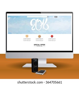 Isolated computer screen with a new year web template