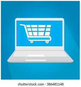 Isolated computer with a shopping cart icon on a blue background