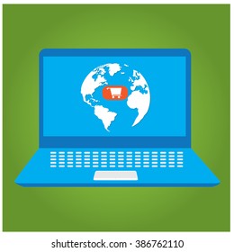 Isolated computer with a shopping cart icon and our planet on a green background