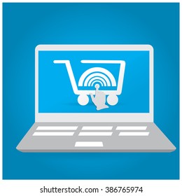 Isolated computer with a shopping cart icon and a hand mouse on a blue background