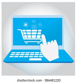 Isolated computer wtih a mouse, a shopping cart and different icons