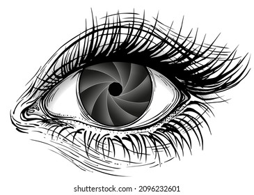 Isolated concept vector illustration of female eye with camera lens shutter blades pattern iris.