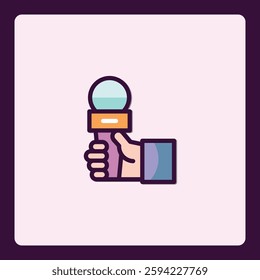 Isolated conceptual microphone icon in hand for broadcasting industry coverage