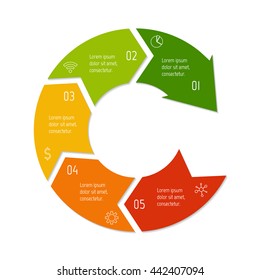 Isolated connected circular infographic diagram with arrow and 5 parts. EPS10 template of paper sequence banner with five options.