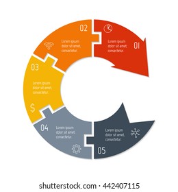 Isolated connected circular infographic diagram with arrow and 5 parts. EPS10 template of paper sequence banner with five options.