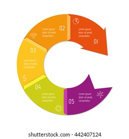 Isolated connected circular infographic diagram with arrow and 5 parts. EPS10 template of paper sequence banner with five options.