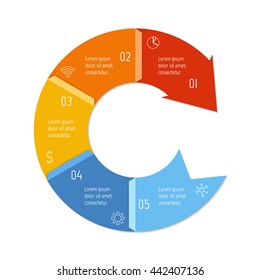 Isolated connected circular infographic diagram with arrow and 5 parts. EPS10 template of paper sequence banner with five options.