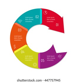 Isolated connected circular infographic diagram with arrow and 5 parts. EPS10 template of paper sequence banner with five options.