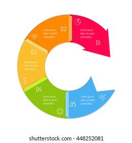 Isolated connected circular infographic diagram with arrow and 5 parts. EPS10 template of paper sequence banner with five options.