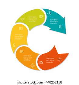 Isolated connected circular infographic diagram with arrow and 5 parts. EPS10 template of paper sequence banner with five options.