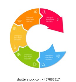 Isolated connected circular infographic diagram with arrow and 5 parts. EPS10 template of paper sequence banner with five options.