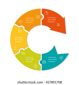 Isolated connected circular infographic diagram with arrow and 5 parts. EPS10 template of paper sequence banner with five options.