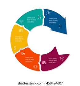 Isolated connected circular infographic diagram with arrow and 5 parts. EPS10 template of paper sequence banner with five options.