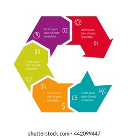 Isolated connected hexagonal infographic diagram with arrow and 5 parts. EPS10 template of paper sequence banner with five options.