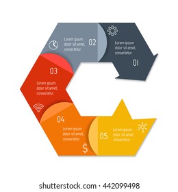 Isolated connected hexagonal infographic diagram with arrow and 5 parts. EPS10 template of paper sequence banner with five options.