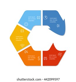 Isolated connected hexagonal infographic diagram with arrow and 5 parts. EPS10 template of paper sequence banner with five options.