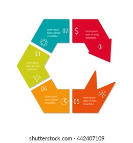 Isolated connected hexagonal infographic diagram with arrow and 5 parts. EPS10 template of paper sequence banner with five options.