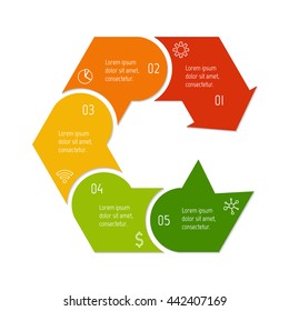 Isolated connected hexagonal infographic diagram with arrow and 5 parts. EPS10 template of paper sequence banner with five options.