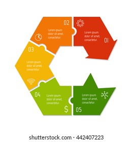 Isolated connected hexagonal infographic diagram with arrow and 5 parts. EPS10 template of paper sequence banner with five options.