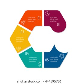 Isolated connected hexagonal infographic diagram with arrow and 5 parts. EPS10 template of paper sequence banner with five options.